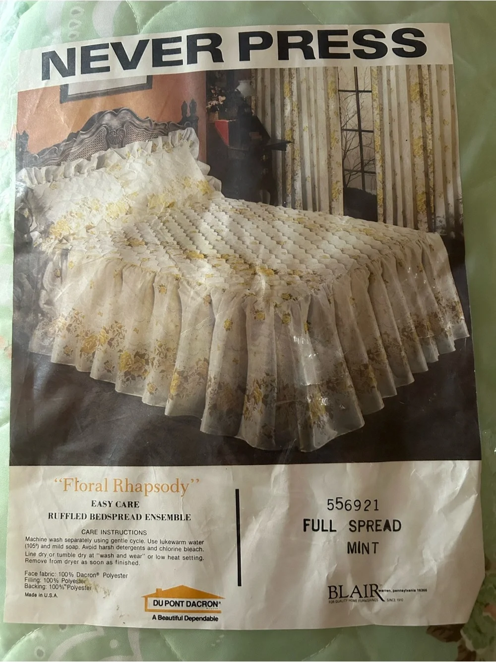 Vtg NOS Floral Rhapsody Ruffled Bedspread Mint Green Full Size